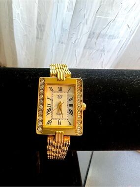 EJ Diamond rhinestone Gold Crystal-Trim Rectangular Women's Vintage Watch